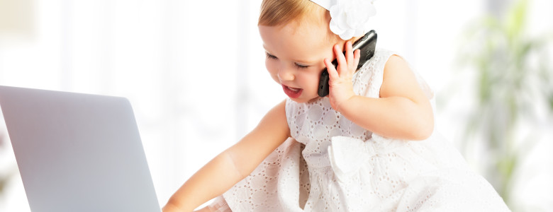 baby girl with computer laptop,  mobile phone